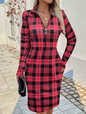 Melenza Kadın Uzun Kollu Fermuarlı Ekose Baskılı Dalgıç Elbise