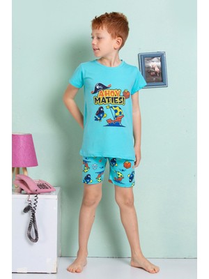 Elmkp Turkuaz Papağan Desen Erkek Çocuk Şortlu Pijama Takımı 3-10 Yaş 3201