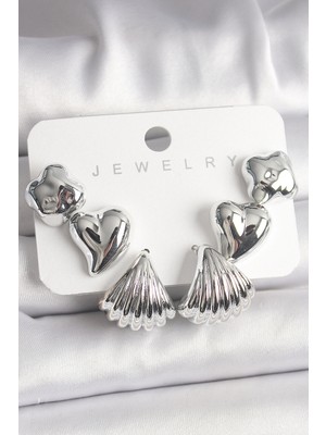 Gümüş Renk Yonca Kalp Deniz Kabuğu Figür Ccb Kadın Küpe Seti