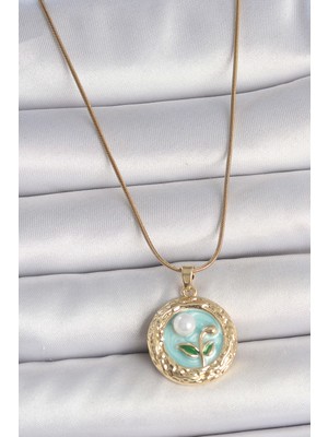 316L Çelik Gold Renk Zincir Mavi Çiçek Işlmeli Inci Detay Portre Model Kadın Kolye