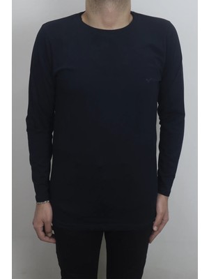 Santa Fistan Store Erkek Lacivert Düz Spor Kesim Normal Kalıp Bisiklet Yaka Uzun Kollu Body