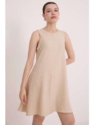 Melenza Mini Keten Elbise - Bej