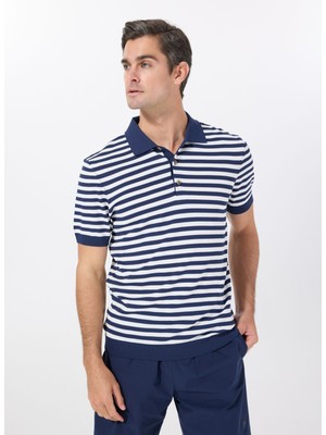 Fabrika Polo Yaka Basic Çizgili Lacivert Erkek Kazak F5SM-KZK 2939