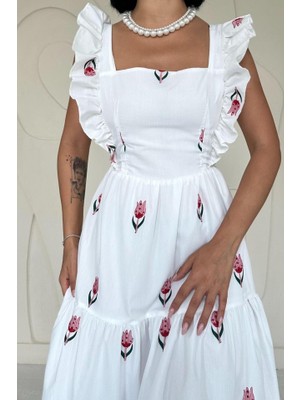 Nidam Butik Kırmızı Sıfır Kol Fırfırlı Elbise