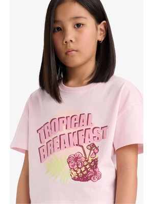 DeFacto Boxy Fit Bisiklet Yaka Baskılı Kısa Kollu Tişört Kız Çocuk E0358A825SM