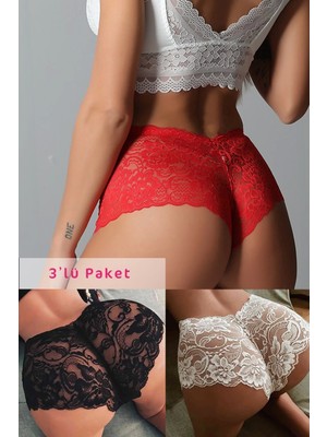 Marsilyan- Kadın Siyah Beyaz Kırmızı 3'lü Paket Dantel Tanga Şort Külot