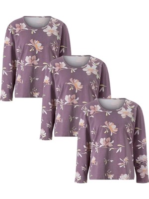 Asn Concept Kadın Çiçek Desenli Lila Renk Pijama Üstü 3'li Paket (Büyük Beden Seçeneğiyle)