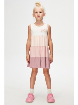 Ekru + Gül Kurusu Renkli Kat Kat Kız Çocuk Askılı Elbise
