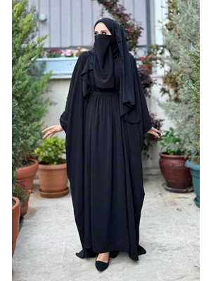 Bym Fashion Umre Yarasakol Belden Kuşaklı Peçeli, Şallı Elbise 6038 Siyah