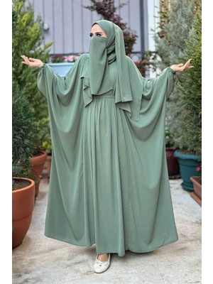 Bym Fashion Umre Yarasakol Belden Kuşaklı Peçeli, Şallı Elbise 6038 Mint