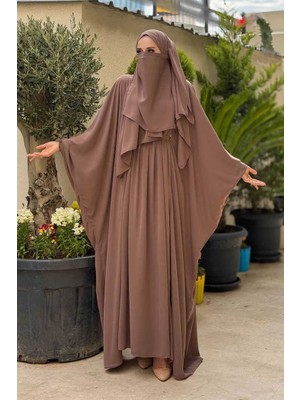 Bym Fashion Umre Yarasakol Belden Kuşaklı Peçeli, Şallı Elbise 6038 Vizon