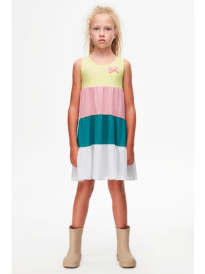Açık Sarı + Beyaz Renkli Kat Kat Kız Çocuk Askılı Elbise