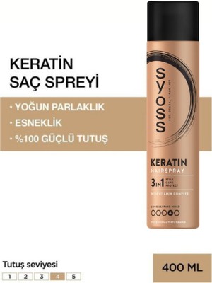 Syoss Keratin Saç Spreyi 400 ml Yoğun Parlaklık ve Esneklik Sağlayan Güçlü Tutuş