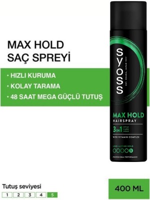 Syoss Saç Spreyi 400 ml – Maksimum Tutuş ve Vitamin Kompleksi ile Kolay Tarama, Gün Boyu Kalıcı Şekillendirme