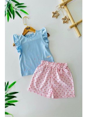 Miniğimin Cicileri Kalp Baskılı Fırfır Detaylı Kız Bebek 2 li takım - Mavi