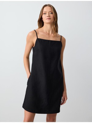 Jimmy Key Siyah %100 Keten Düz Kesim Kısa Tulum