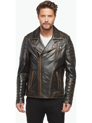 Deriza Taba Eskitme Erkek Motorcu Montu Su İtici Hakiki Deri Slim Fit Günlük Kullanım