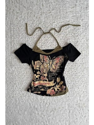 Siyah Butterfly Madonna Yaka Ek Askılı Y2K Kısa Kollu Full Body Crop