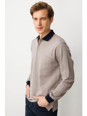 Erkek Polo Yaka Pike Dokuma Sweatshirt Bej