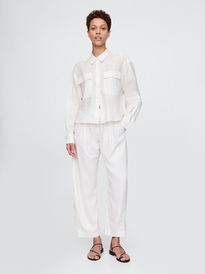 Kadın Beyaz Mid Rise Keten Karışımlı Barrel Pantolon