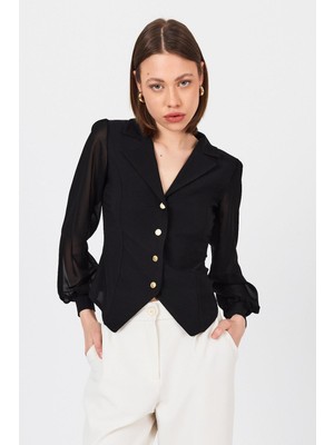 Siyah Kruvaze Yaka Düğmeli Pensli Gömlek 9476