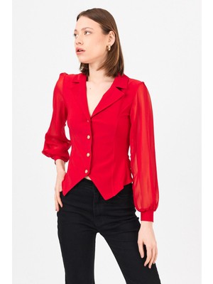 Kırmızı Kruvaze Yaka Düğmeli Pensli Gömlek 9476