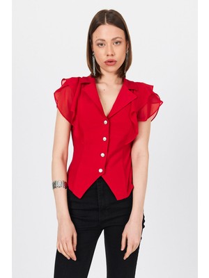 Kırmızı Şifon Kol Detaylı Fırfırlı Düğmeli Bluz 9477