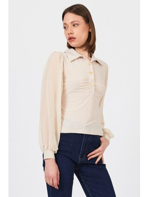 Bej Şifon Kollu Gömlek Yaka Bluz 9478