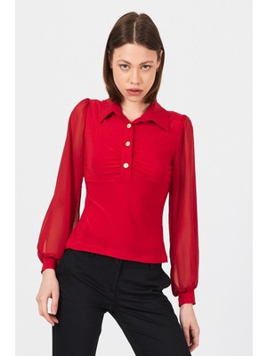 Kırmızı Şifon Kollu Gömlek Yaka Bluz 9478