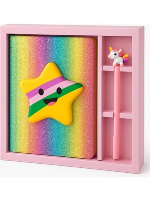 Taros -Unick Color Elegans Puffy Yıldız Simli Hatıra Defteri ve Unicorn Kalem Seti