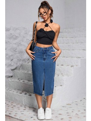 Cedy Denım Yüksek Kalite  Midi Boy Yırtmaçlı Esnek Likralı Kot Etek  C624