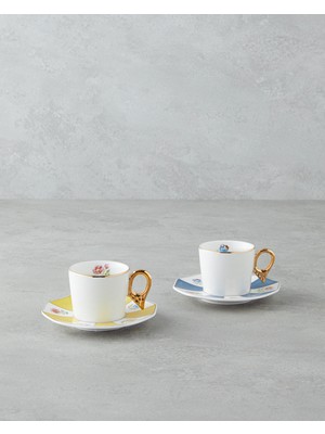 Nostalgia Porselen 4 Parça 2 Kişilik Kahve Fincan Takımı 90 ml Mavi-Sarı