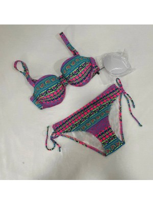 Kadın Fuşya Çok Renkli Etnik Desen Atarlı Bikini Takımı HZL25S-LC8004