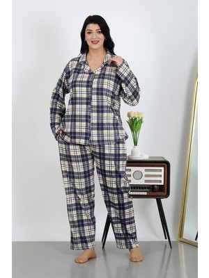 Moda Serdem Kadın Büyük Beden Pamuklu Cepli Düğmeli Lacivert Pijama Takım 202504
