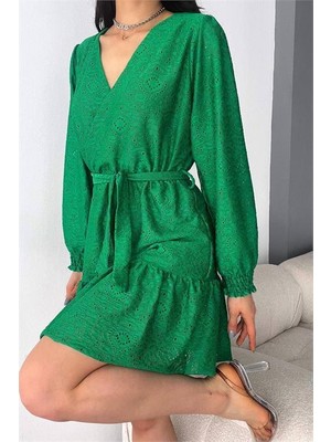 Dipmoda Kadın Yeşil Kruvaze Kuşaklı Mini Elbise DPK2026