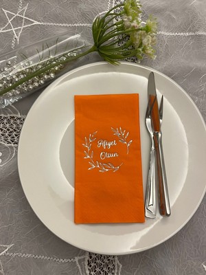 Kidspartim Gümüş Yaldızlı Turuncu Afiyet Olsun Çiçekli Çelenk Garson Peçete 16 Adet