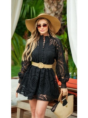 Siyah Dantel Detay Elbise