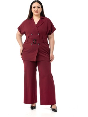 Büyük Beden Kruvaze Kemerli Yarım Kollu Bordo Ceket Pantolon Ikili Takım