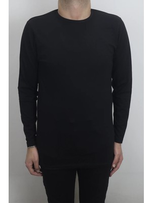 Santa Fistan Store Erkek Siyah Düz Spor Kesim Normal Kalıp Bisiklet Yaka Uzun Kollu Body