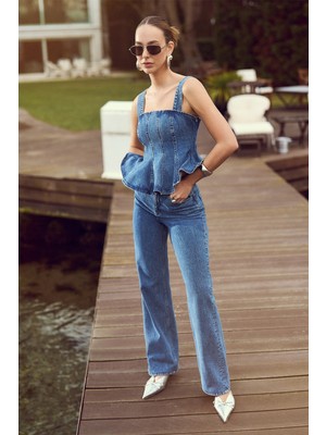 Koton x Sima Tarkan - Pamuklu Düz Uzun Paça Normal Bel Jean Pantolon - Straight Fit Jean 5SAL40207MD