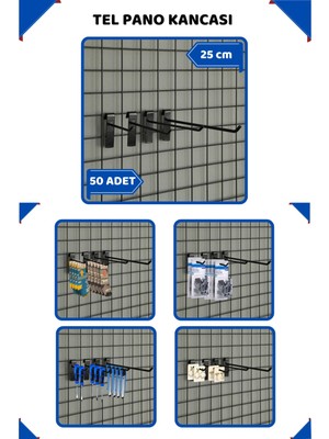 25 cm - 50 Adet Siyah Tel Pano Kancası Raf Askısı