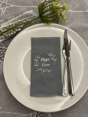 Kidspartim Gümüş Yaldızlı Gri Afiyet Olsun Çiçekli Çelenk Garson Peçete 16 Adet