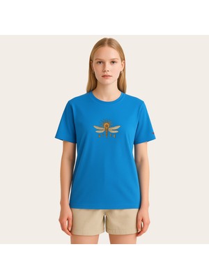 Zamanın Kanatları Azur Mavi Kadın Tasarım Tişört Bisiklet Yaka Pamuklu Tshirt