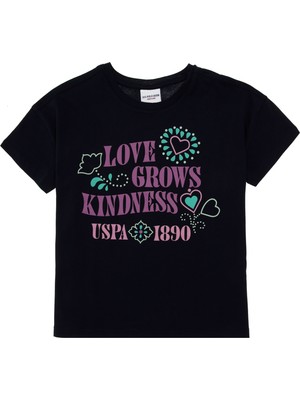 U.S. Polo Assn. Kız Çocuk Lacivert Bisiklet Yaka Baskılı Pamuk Tişört 50306197-VR033