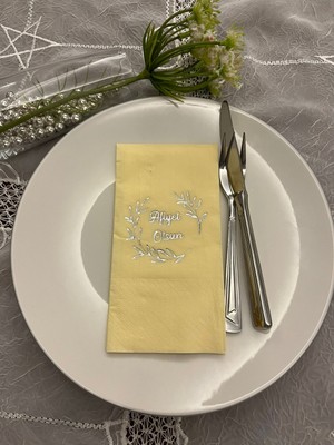 Kidspartim Gümüş Yaldızlı Sarı Afiyet Olsun Çiçekli Çelenk Garson Peçete 16 Adet