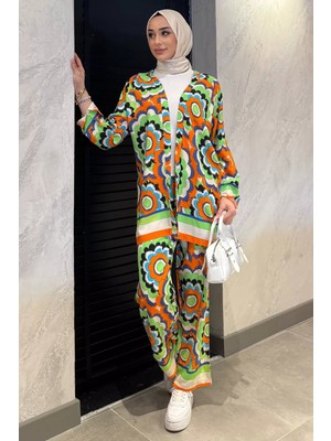 Desenli Bluz Kimono Pantolon Tesettür Viskon Ikili Takım P-00011506