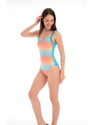 Rukomayo Mavi Gökkuşağı Desenli Fırfırlı  Çocuk Mayo