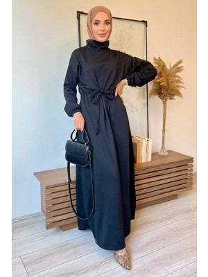 Bel Bağlamalı Kol Lastikli Tesettür Elbise P-00012596
