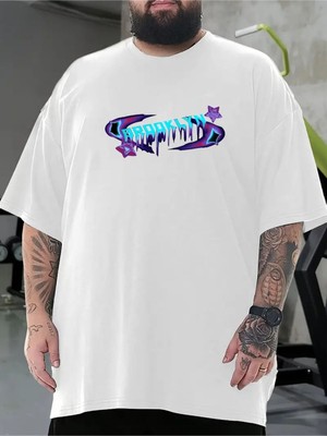 Büyük Beden Unisex Brooklyn Neon Baskılı %100 Pamuklu  Bisiklet Yaka Kısa Kollu A++ Oversize Tshirt