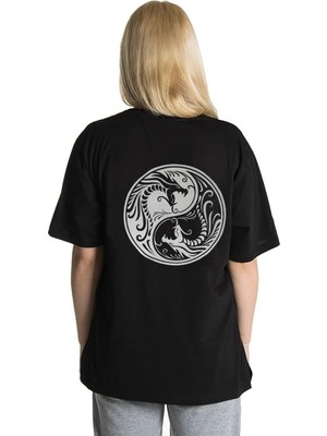 Unisex Reflektör Baskı Ying Yang Dragon Rahat Kesim Oversize T-Shirt